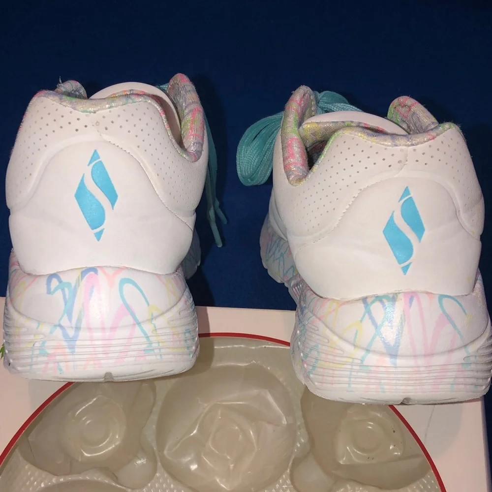 Skechers Kids White Sneakers with Aqua Laces and Pastel Accents